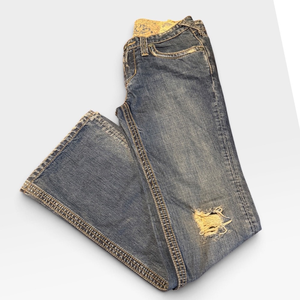Stitch's Jeans Cherokee Womens 29 Y2K Low Rise Flare Distressed Dark Wash Denim